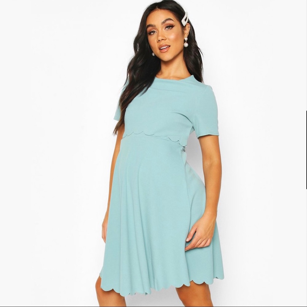 Double Layer Scalloped Skater Dress in Dusty Teal Blue 👗
